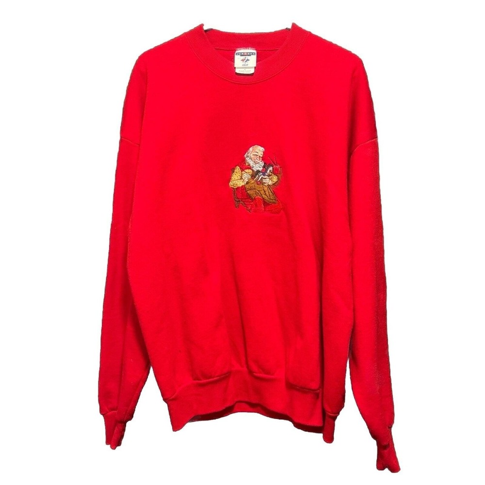 Vintage Jerzees Santa Claus Workshop Embroidered Red Sweatshirt Mens XL 90s